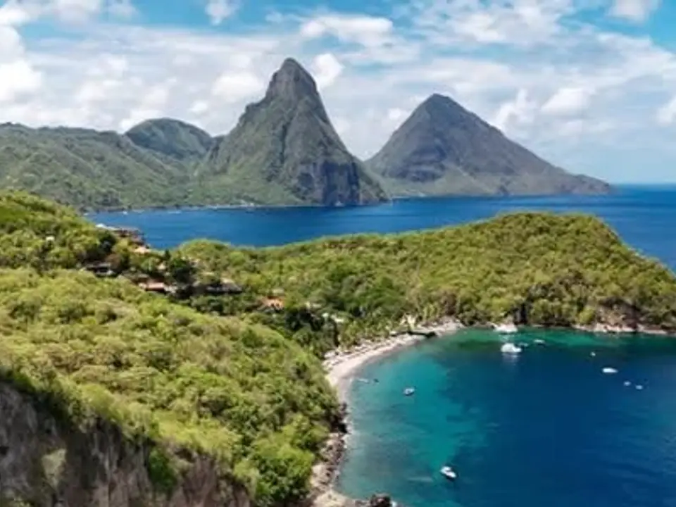 The Pitons rising above a bay in St. Lucia